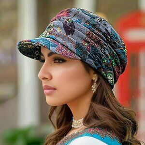 Boho Color Block Floral Print Ruched Newsboy Hat, Vintage Sun Hat